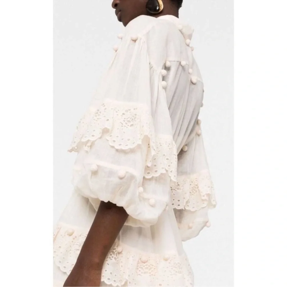 Zimmermann Cream Ruffled Tiered Sundress with Bishop Sleeves - Picture 7 of 12